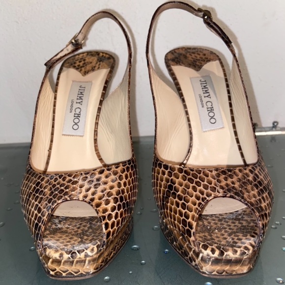 JIMMY CHOO Python Snakeskin Peep Toe Heels 37.5 - Picture 1 of 9